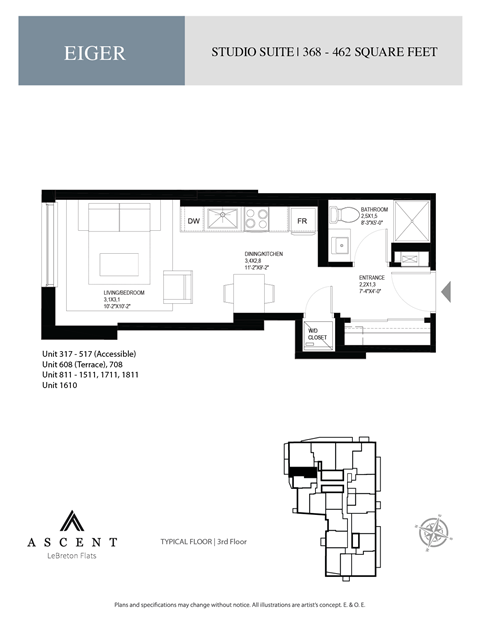 Floor plan for studio, 1 bath, 460 sqft